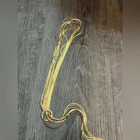 Gold Minimalistic Long Multi-strand Necklace With A Rhinestone Encrusted Accent - Picture 5 of 7